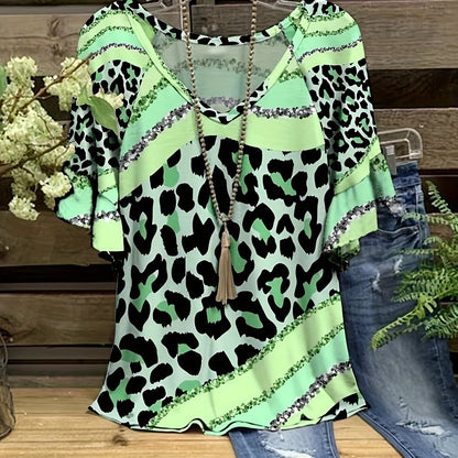 Vibrant Leopard Print V-Neck T-Shirt - Soft Mid-Elasticity Polyester Fabric, Casual Short Sleeve Design, Perfect for Spring and Summer, Womens Regular Fit Clothing