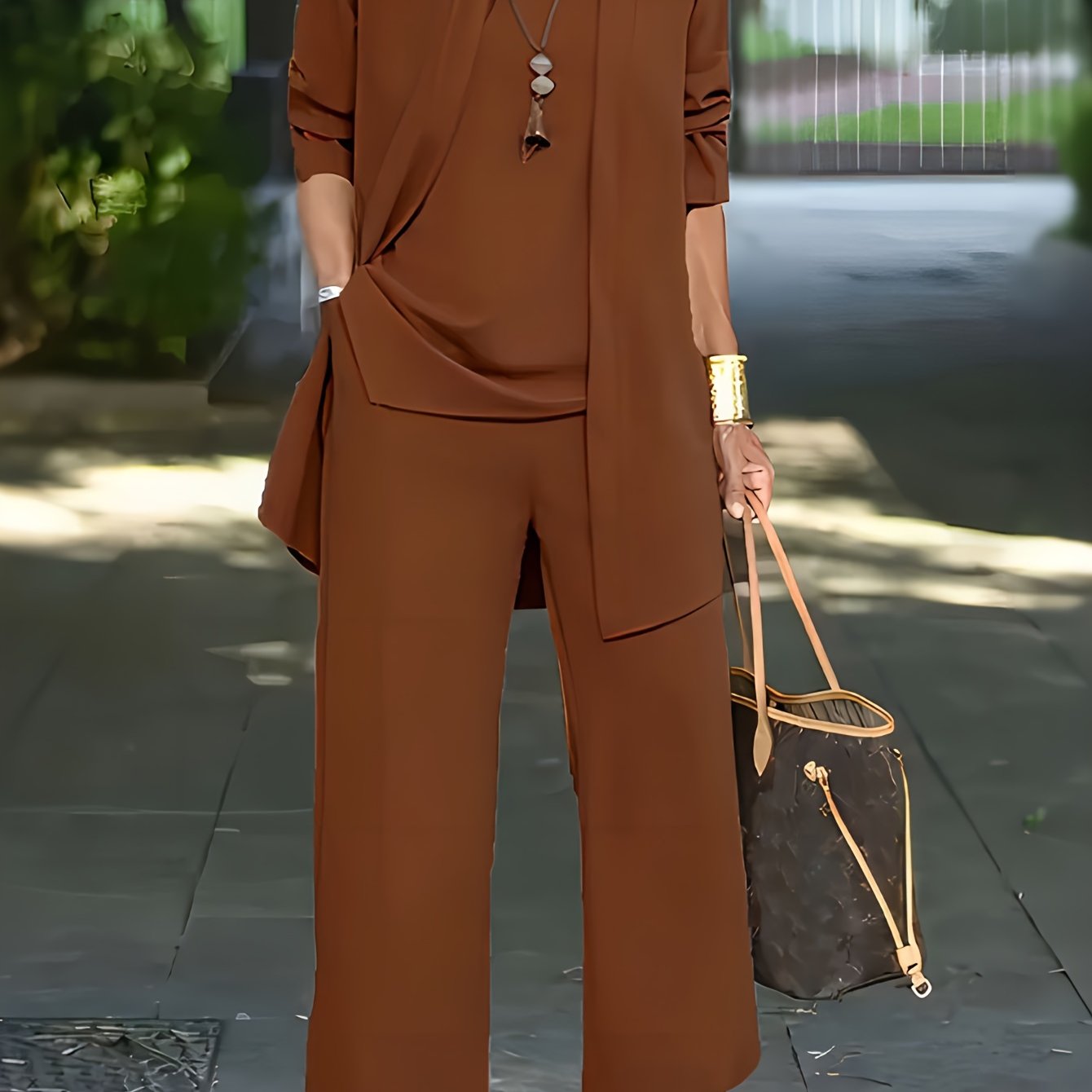 SENGPA Casual Three-piece Solid Set, Long Sleeve Cardigan & Top & Long Pants Outfits, Women's Clothing