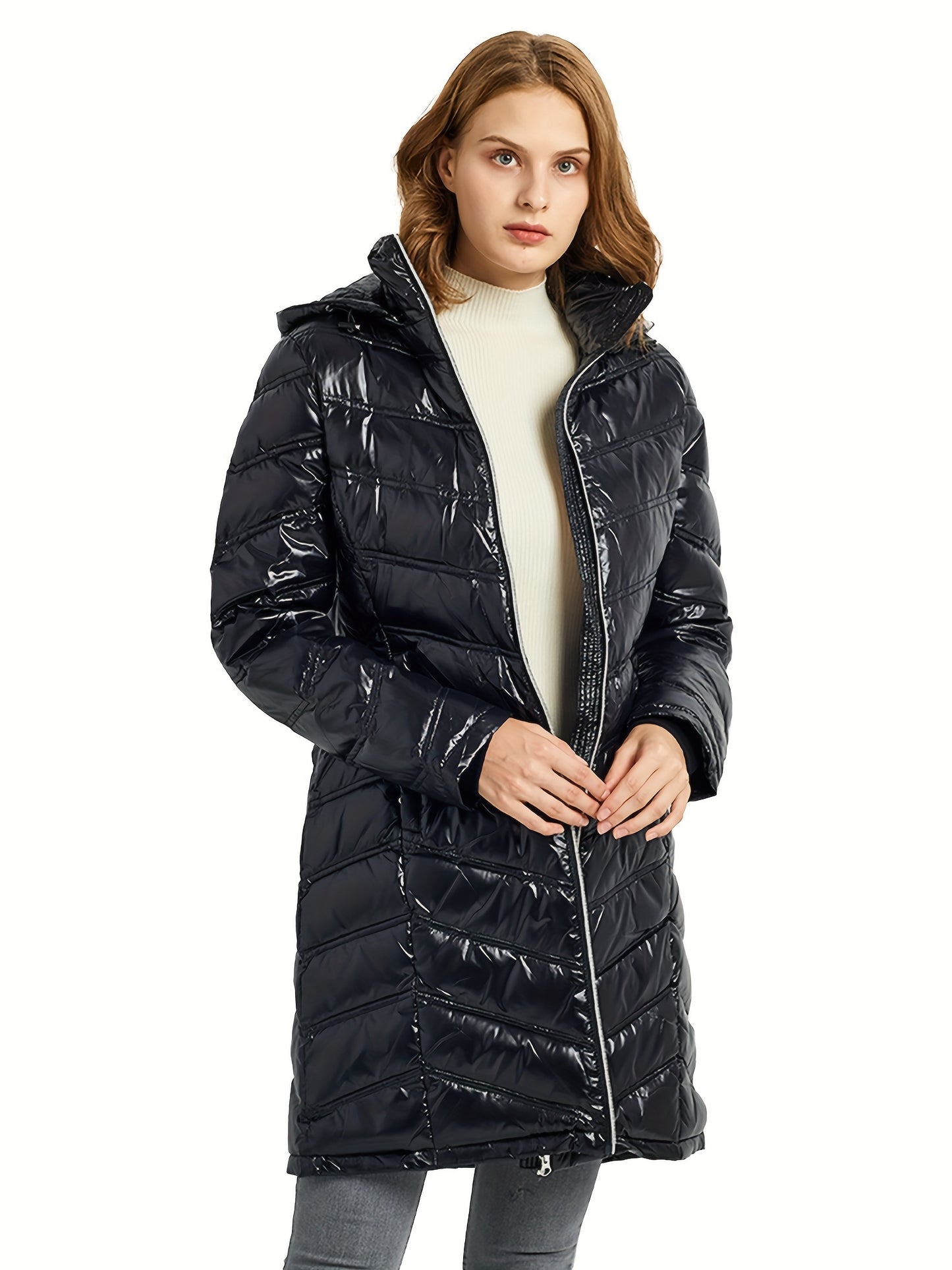 Ultra-Warm Women's Quilted Long Down Coat - Shiny Hooded Puffer Jacket with Water-Resistant Fabric, Adjustable cuffs, and Faux Fur Trim - Perfect for Cold Winter Days and Outdoor Activities