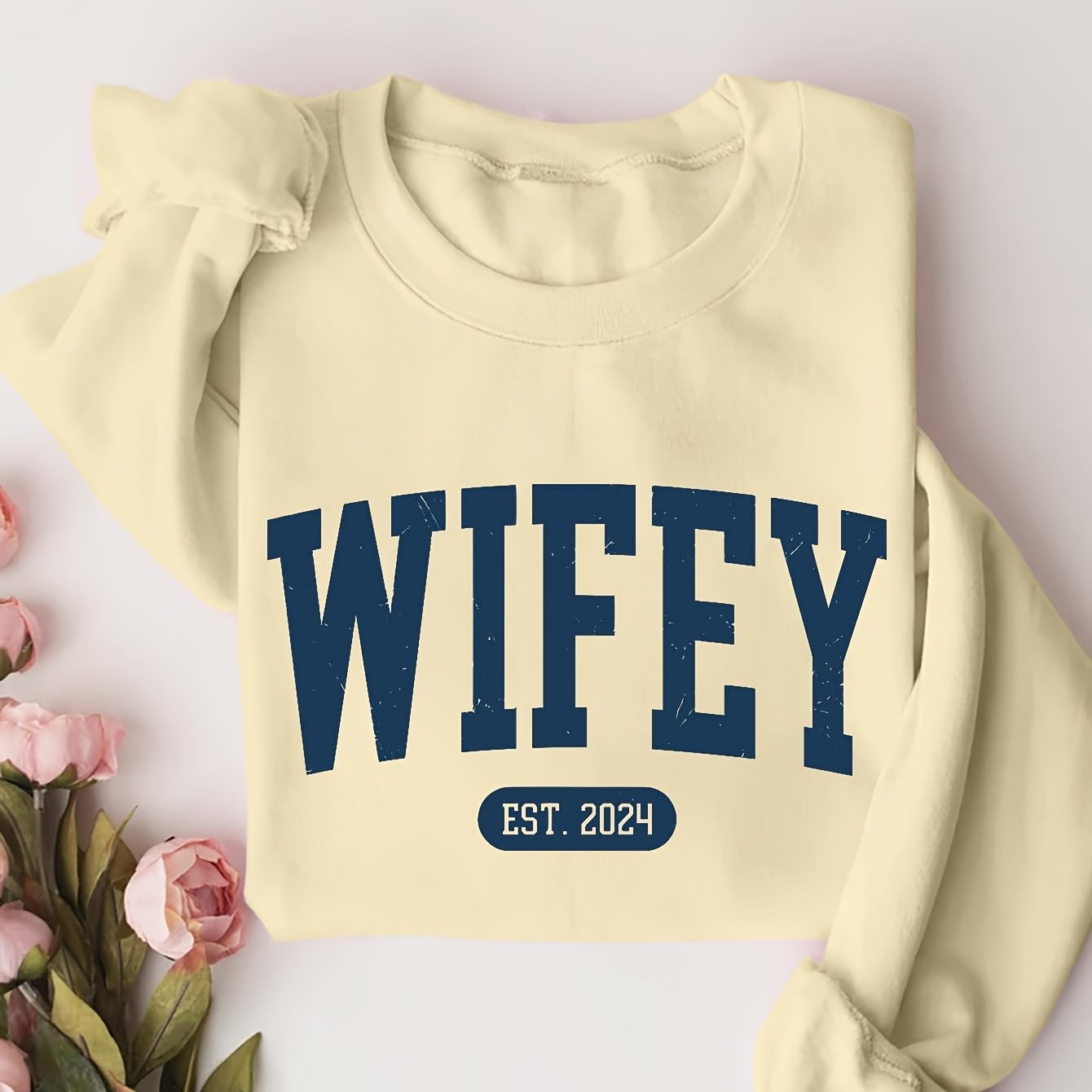 Cozy Wifey Print Pullover Sweatshirt - Soft Mid-Elasticity Polyester Crew Neck Casual Long Sleeve Top for Fall & Winter - Machine Washable, Alphabets Pattern, Knit Fabric, Perfect for Womens Everyday Wear