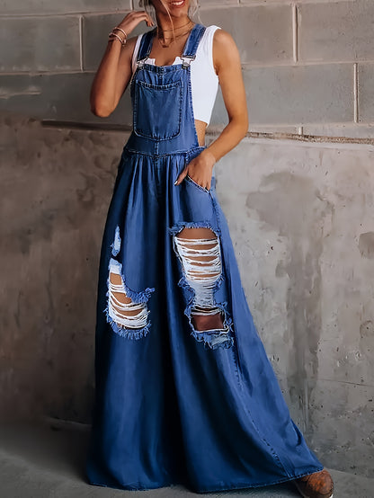 Womens Ripped Denim Jumpsuit - Fashionable Ripped Detail, Loose Fit for Comfort, Trendy Distressed Overall with Stylish Slant Pockets - Casual Everyday Denim Wear