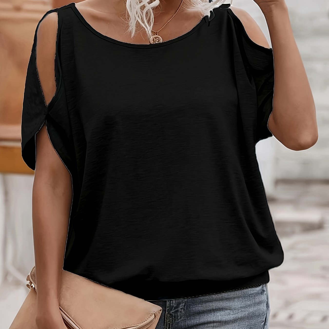 Women's Solid Split Short Sleeve T-Shirt - Casual Crew Neck Tee for Spring & Summer, Breathable and Comfortable