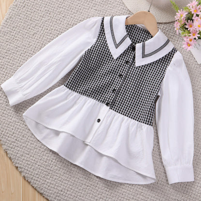 Stylish Plaid Patchwork Peplum Shirt for Girls - Long Sleeve, Collared, Flattering Fit, Casual Chic, Autumn Winter Fashion Essential - Perfect for School, Daily Wear