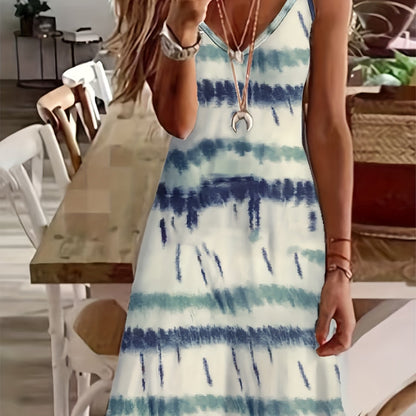 Versatile Polyester Tie-Dye Spaghetti Dress for Women – V-neck, Comfortable Knit with All-Season Appeal, Non-Sheer