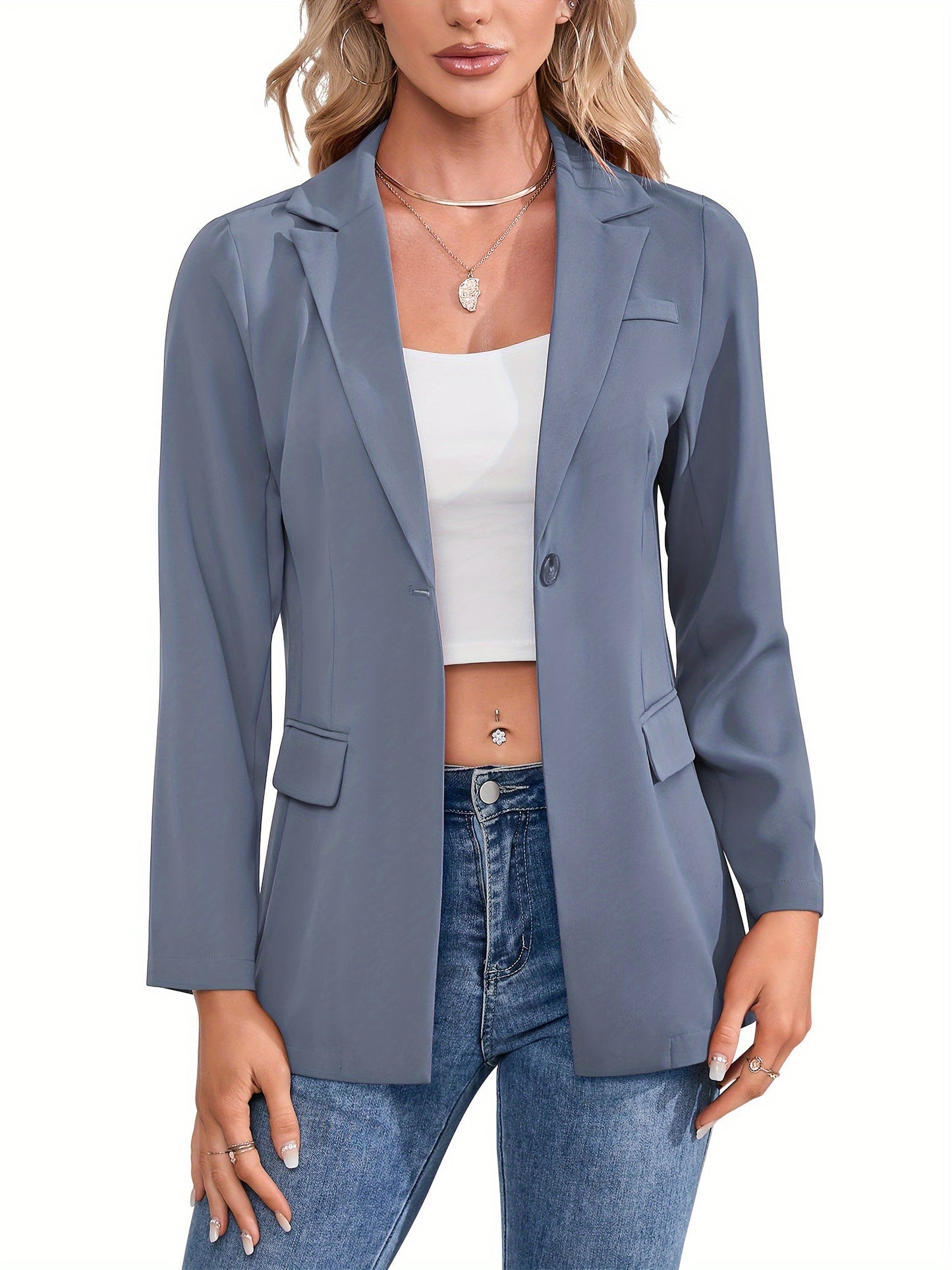 Solid Simple Button Front Blazer, Versatile Lapel Long Sleeve Blazer For Office & Work, Women's Clothing