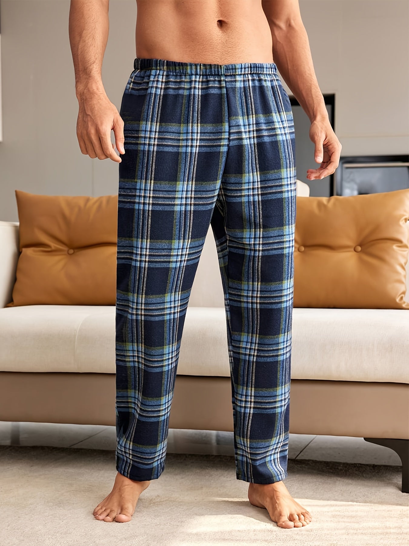 Men's Casual Plaid Pajama Pants - Comfy, Stretchy Waistband, Polyester, Machine Washable - Perfect for Home & Sleep