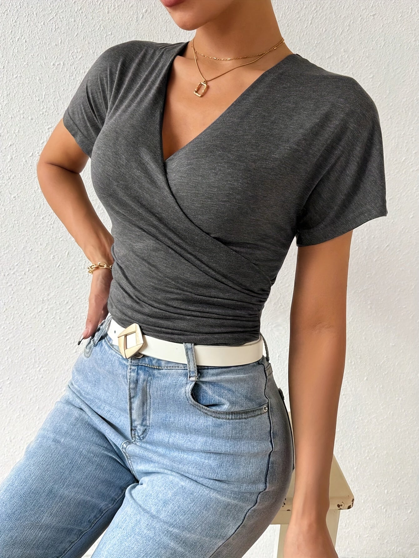 Vibrant Solid Color V-Neck Asymmetrical Ruched T-Shirt - Soft Micro Elastic Polyester Fabric, Casual Short Sleeve Slim Fit, Perfect for Summer & Spring - Womens Regular Length Knit Top