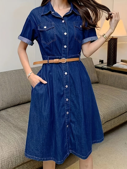 Chic Single-Breasted Denim Dress - Short Sleeve with Belted Waist - Elegant Lapel Casual Washed Style - Womens Premium Jeans Clothing