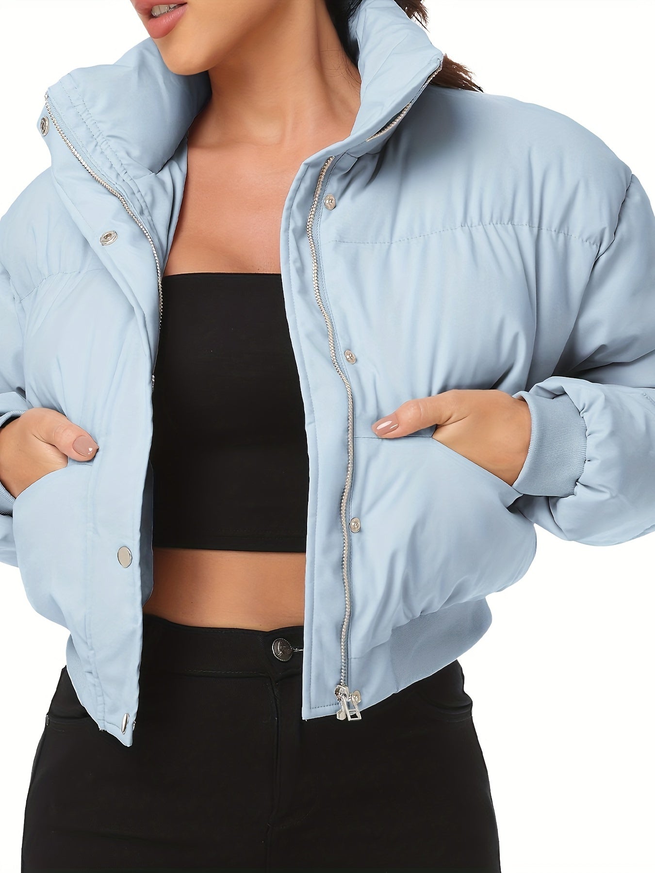 Women's Cropped Quilted Puffer Jacket Long Sleeve Warm Quilted Short Jacket Winter Outerwear Coats