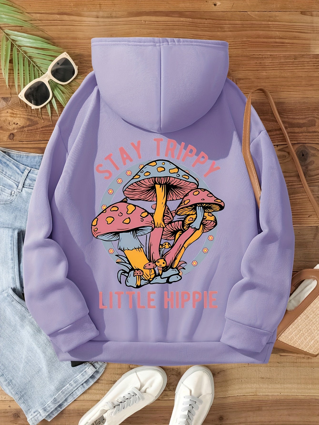 Vibrant Mushroom Print Kangaroo Pocket Hoodie - Soft Micro Elasticity Polyester Fabric, Casual Long Sleeve Drawstring Hooded Sweatshirt with Geometric Pattern, Machine Washable, Fall/Winter Season, Womens Clothing