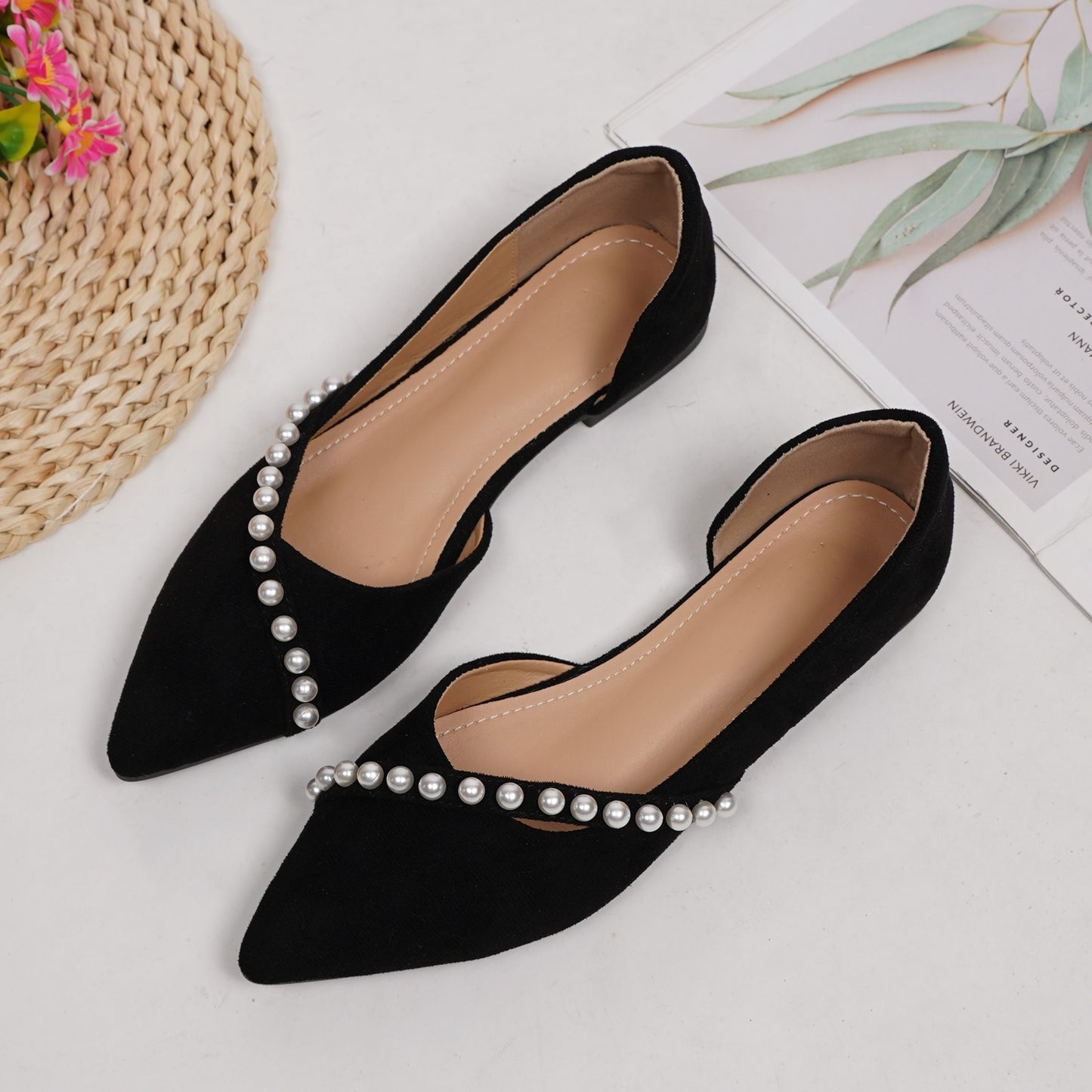 Women's Faux Pearl Decor Flat Shoes, Casual Point Toe Slip On Shoes, Lightweight & Comfortable Shoes