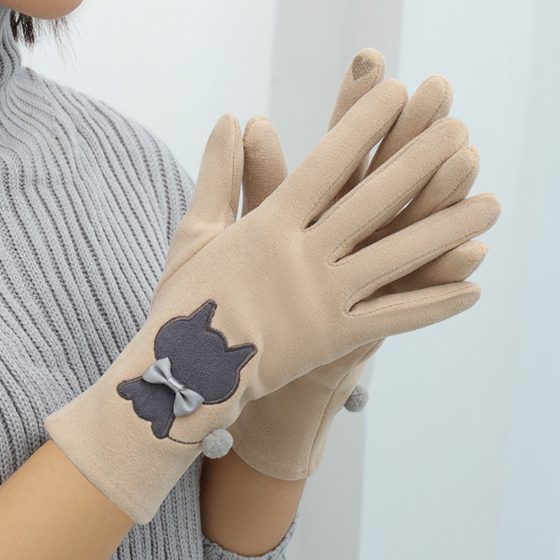 Cute Cat Embroidered Velvet Gloves Velvet Warm And Coldproof Split Finger Gloves For Women's Winter