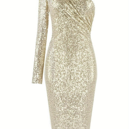 Shimmering Contrast Sequin Glam Dress - Long Sleeve Ruched Bodycon for Spring & Fall - Fashionable Womens Closet Staple