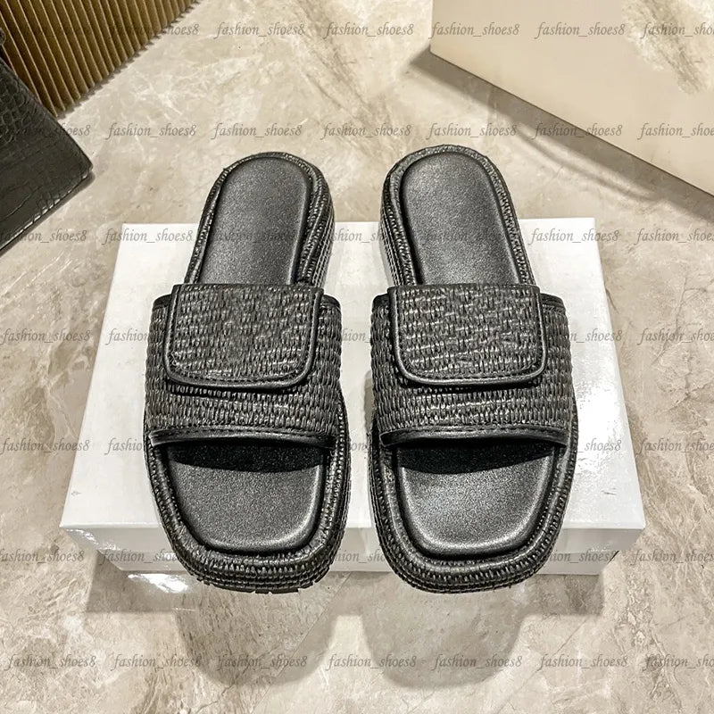 Women Designer Sandals Fashion Straw Sandal Platform Slippers Leather Slip-on Pool Slides Thick Heels Summer Beach Sandles Brown Black White Size 35-42