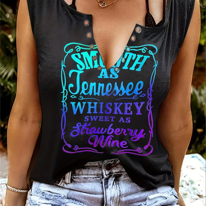 Women's Whiskey Letter Print Sleeveless T-Shirt for Casual Everyday Wear in Spring and Summer