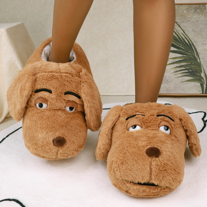 Cartoon Dog Plush Slippers 2 Pairs Set, Unisex Novelty Animal Slip-on Indoor House Shoes, Warm Fabric Lined Couples & Family Interactive Footwear, Perfect for Valentine's & Holiday Gifts