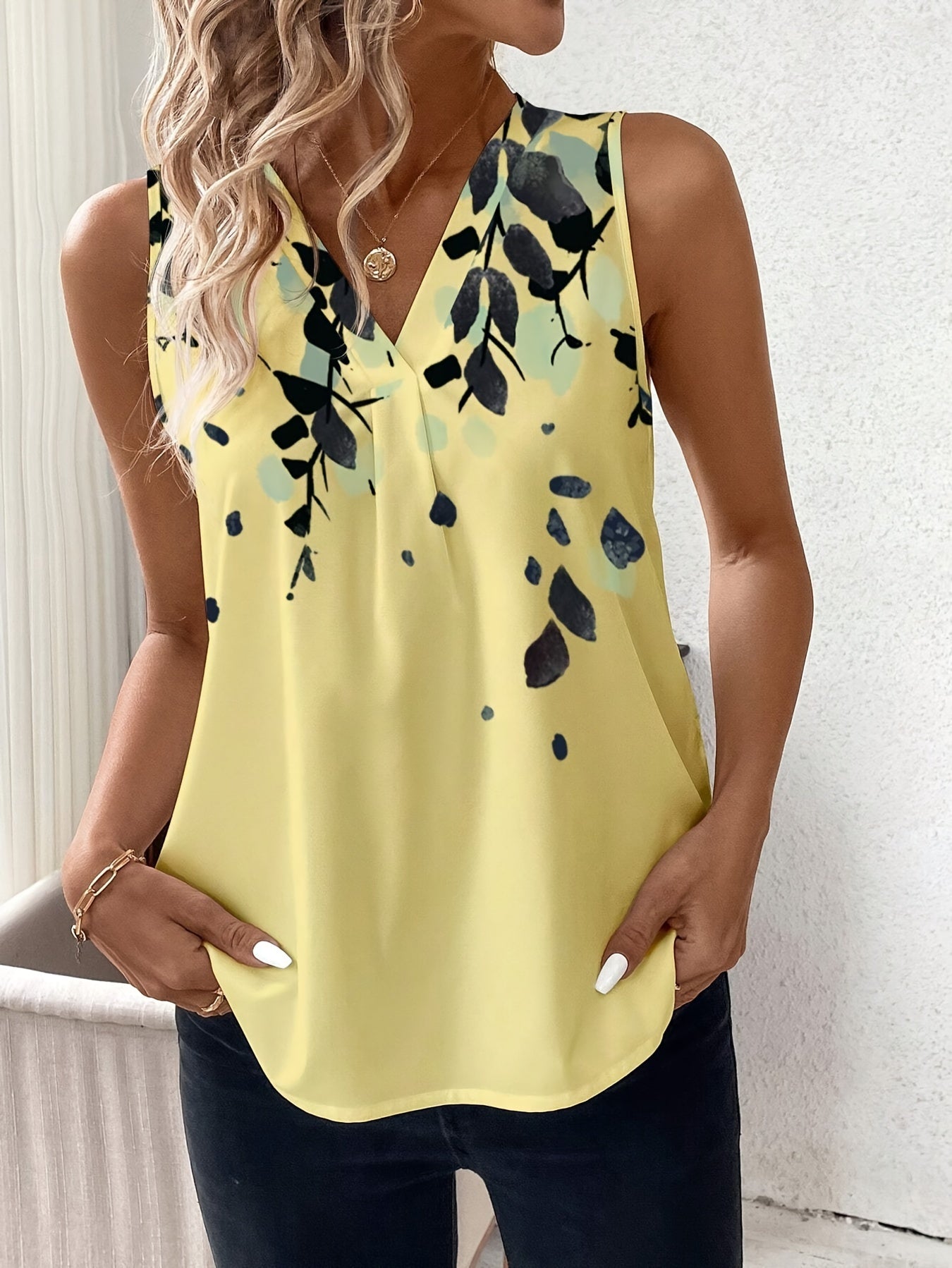 Plant Print V Neck Tank Top, Casual Sleeveless Tank Top For Summer, Women's Clothing