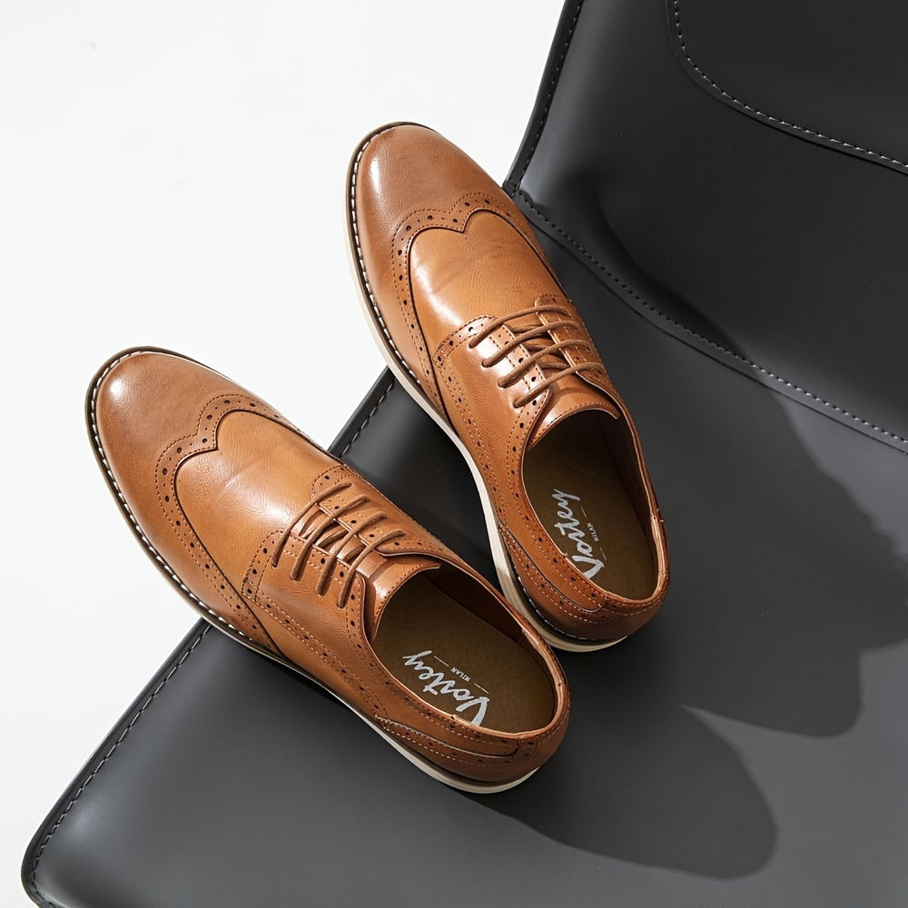 Mens Classic Wing-tip Brogue Dress Shoes - Durable PU Leather Upper, Comfortable Lace-up Design for Business & Office - Stylish, Wear-resistant Daily Footwear