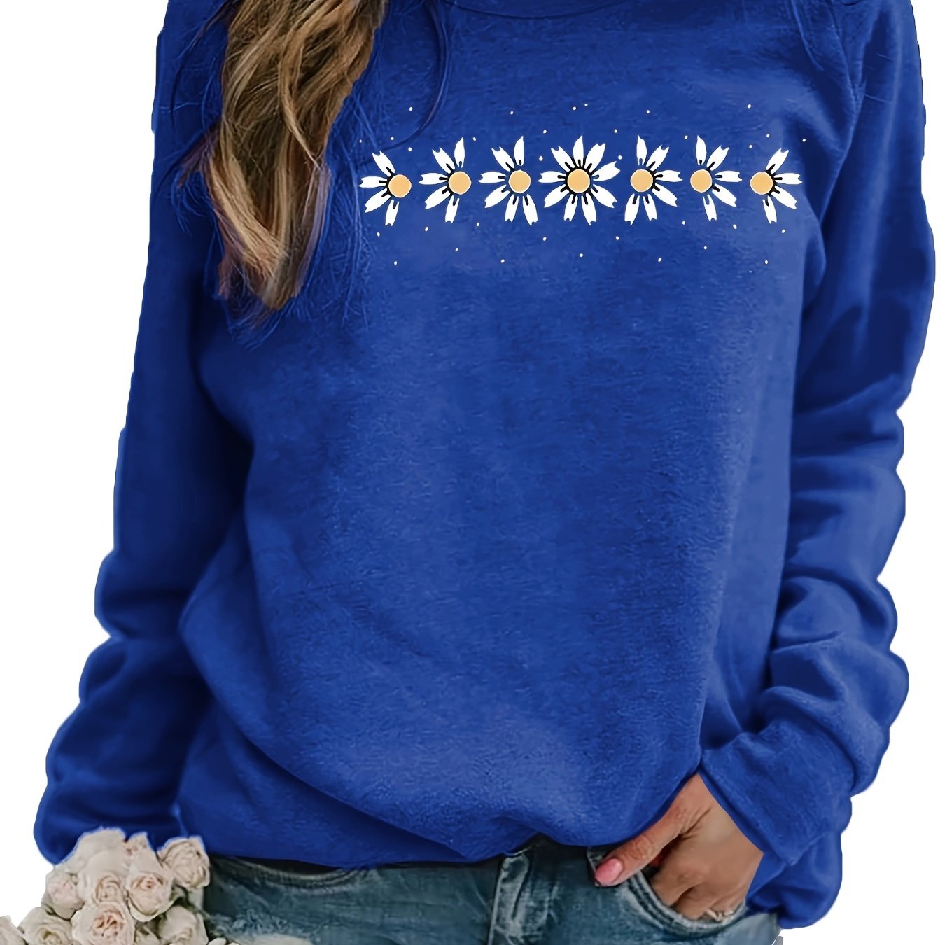 Long Sleeve Crew Neck Floral Print Casual Sweatshirt - Soft Cotton, Slight Stretch, Micro Elasticity, Raglan Sleeve - Perfect for Daily Wear in Spring, Summer, and Fall