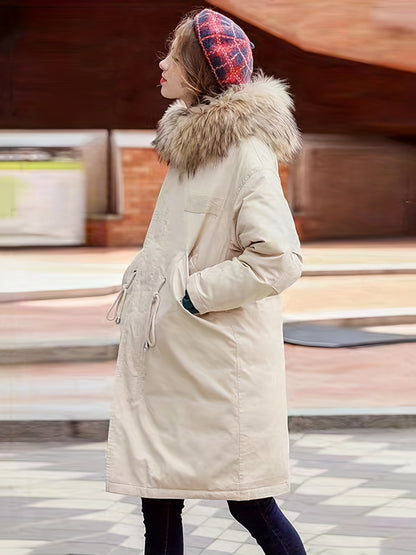 Faux Fur Trim Hooded Parka Jacket, Long Sleeve Drawstring Coat For Winter, Women's Clothing