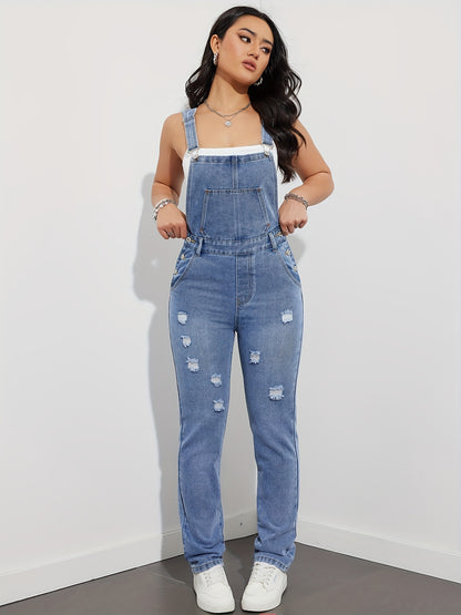 Women's Distressed Ripped Denim Overalls, Casual Loose Fit Jumpsuit With Pockets, Vintage Jean Dungarees For Daily Wear