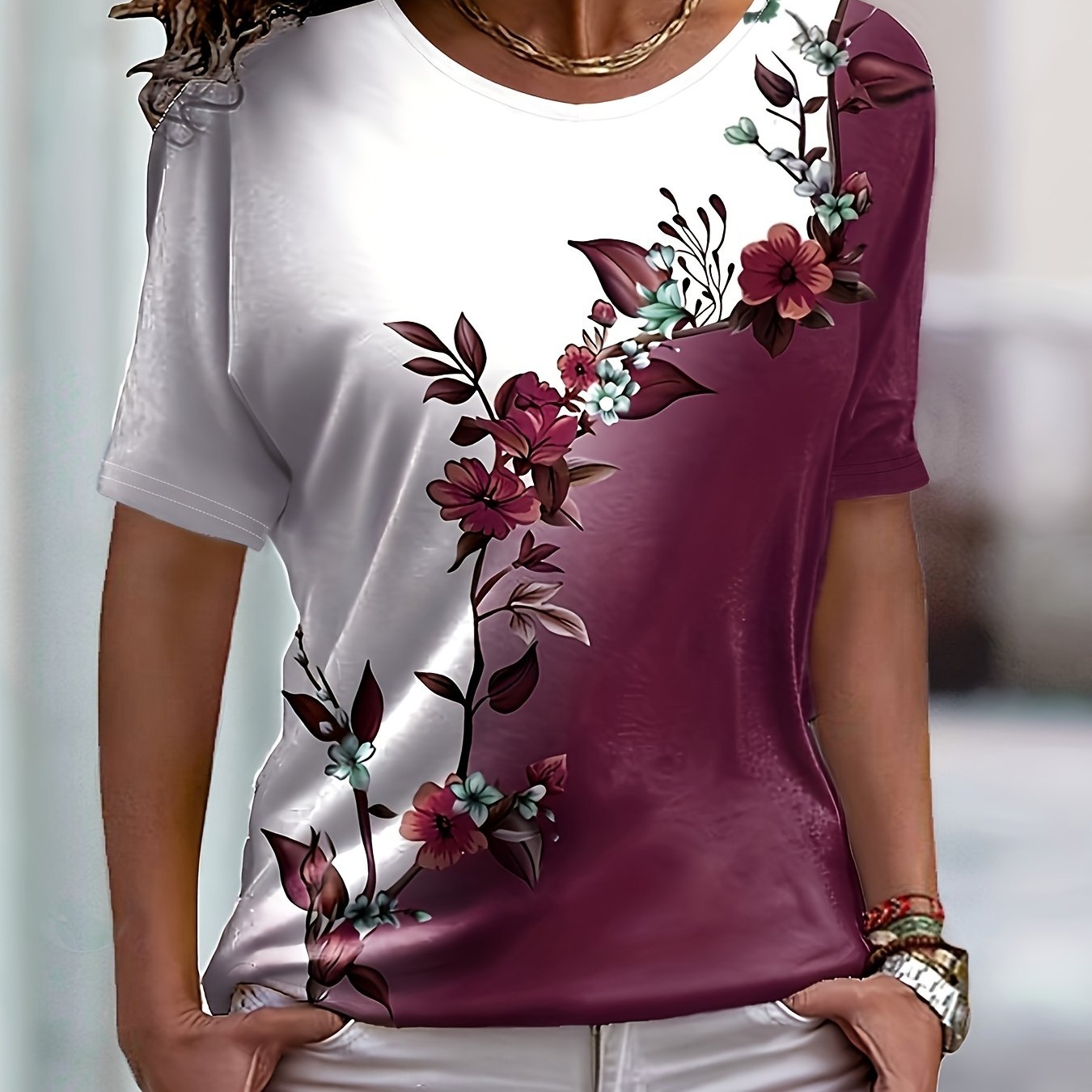 Floral Print Colorblock Crew Neck T-Shirt, Casual Short Sleeve Top For Spring & Summer, Women's Clothing