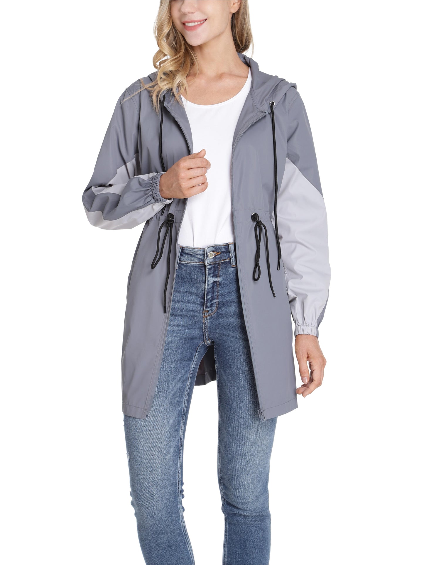 Stylish Color Block Long Sleeve Trench Coat - Water-Resistant, Waisted, Hooded, Windbreaker Jacket with Adjustable Cuffs and Hem - Perfect for Women's Outdoor Activities and Casual Wear