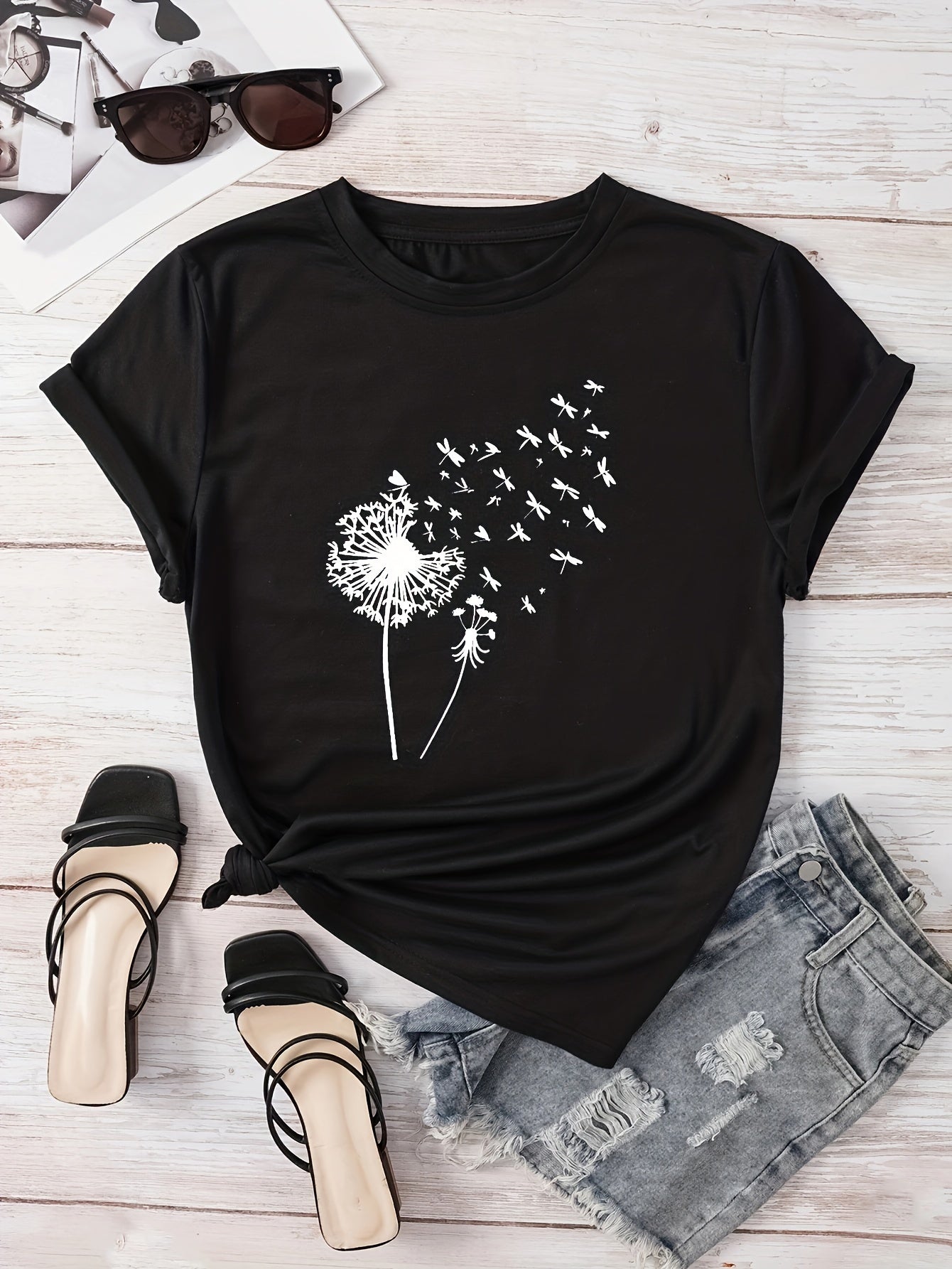 Vibrant Dandelion Print Crew Neck T-Shirt - Soft Micro Elasticity Polyester Fabric, Casual Short Sleeve Top for Spring & Summer, Womens Regular Fit Clothing with Random Plant Pattern