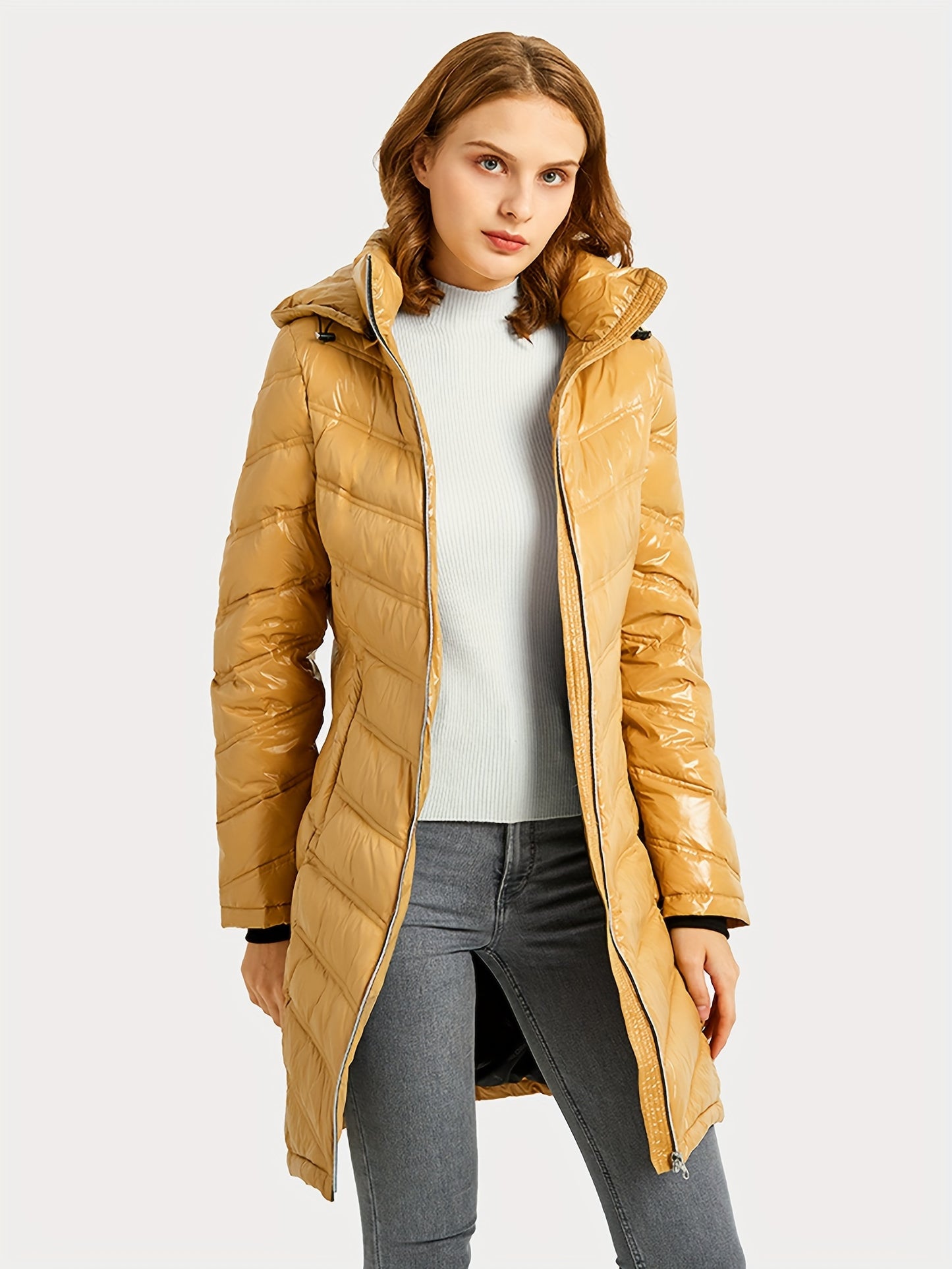 Ultra-Warm Women's Quilted Long Down Coat - Shiny Hooded Puffer Jacket with Water-Resistant Fabric, Adjustable cuffs, and Faux Fur Trim - Perfect for Cold Winter Days and Outdoor Activities