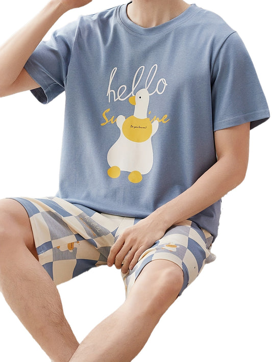 Men's Trendy Casual Comfy Tees & Shorts, Cartoon Duck Graphic Print Crew Neck Short Sleeve T-shirt & Loose Checkered Shorts With Pockets Home Pajamas Sets, Outdoor Sets For Summer