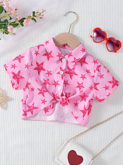 Girls Tie Knot Stars Print Short Sleeve Shirt Vacation Style Button-Down Collar Blouse Top For Summer