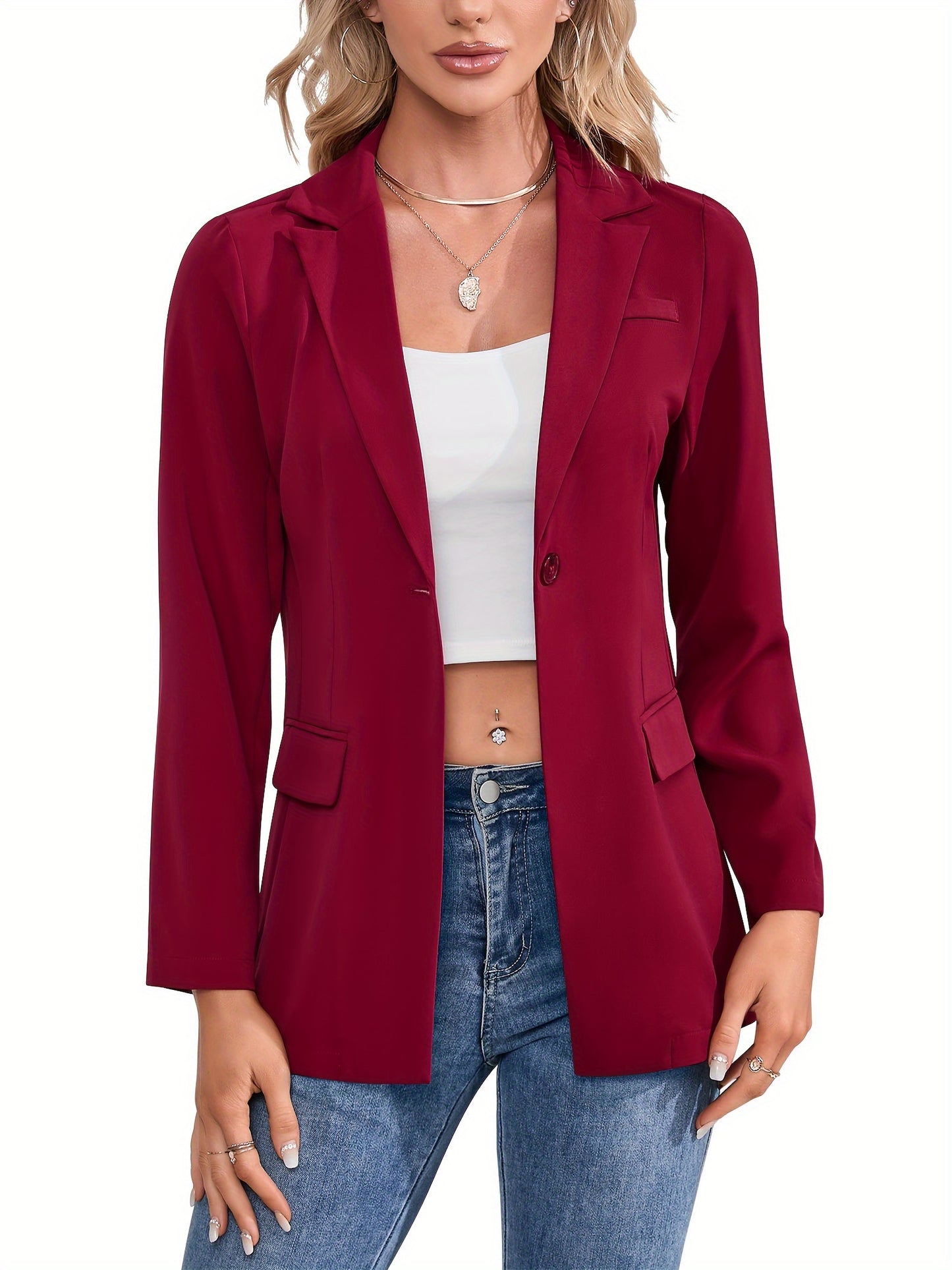 Solid Simple Button Front Blazer, Versatile Lapel Long Sleeve Blazer For Office & Work, Women's Clothing