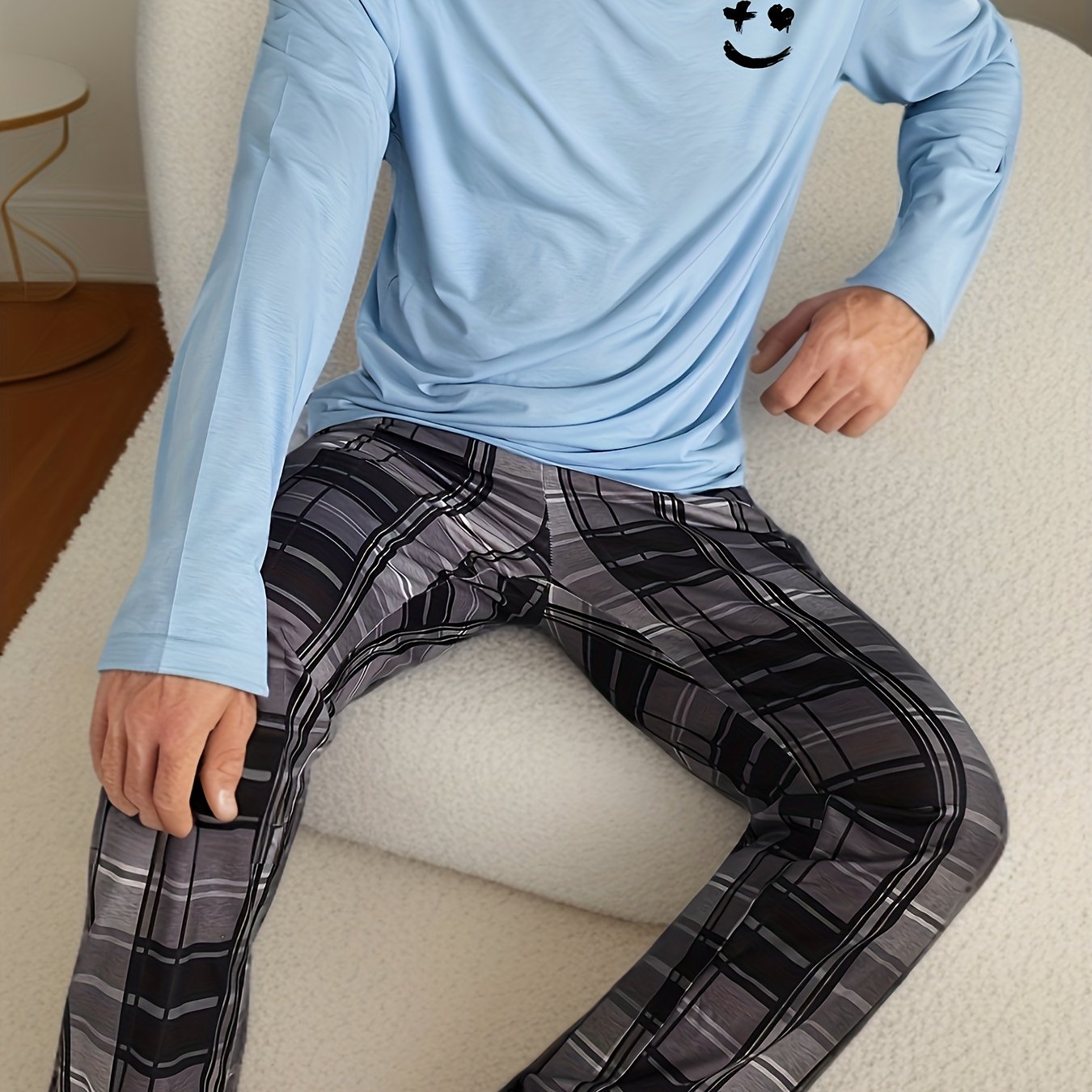 2 Pcs Men's Pajama Sets, Happy Face Pattern Long Sleeves & Plaid Pants, Comfortable & Gentle Style Pajamas For Men's Summer Cozy Loungewear