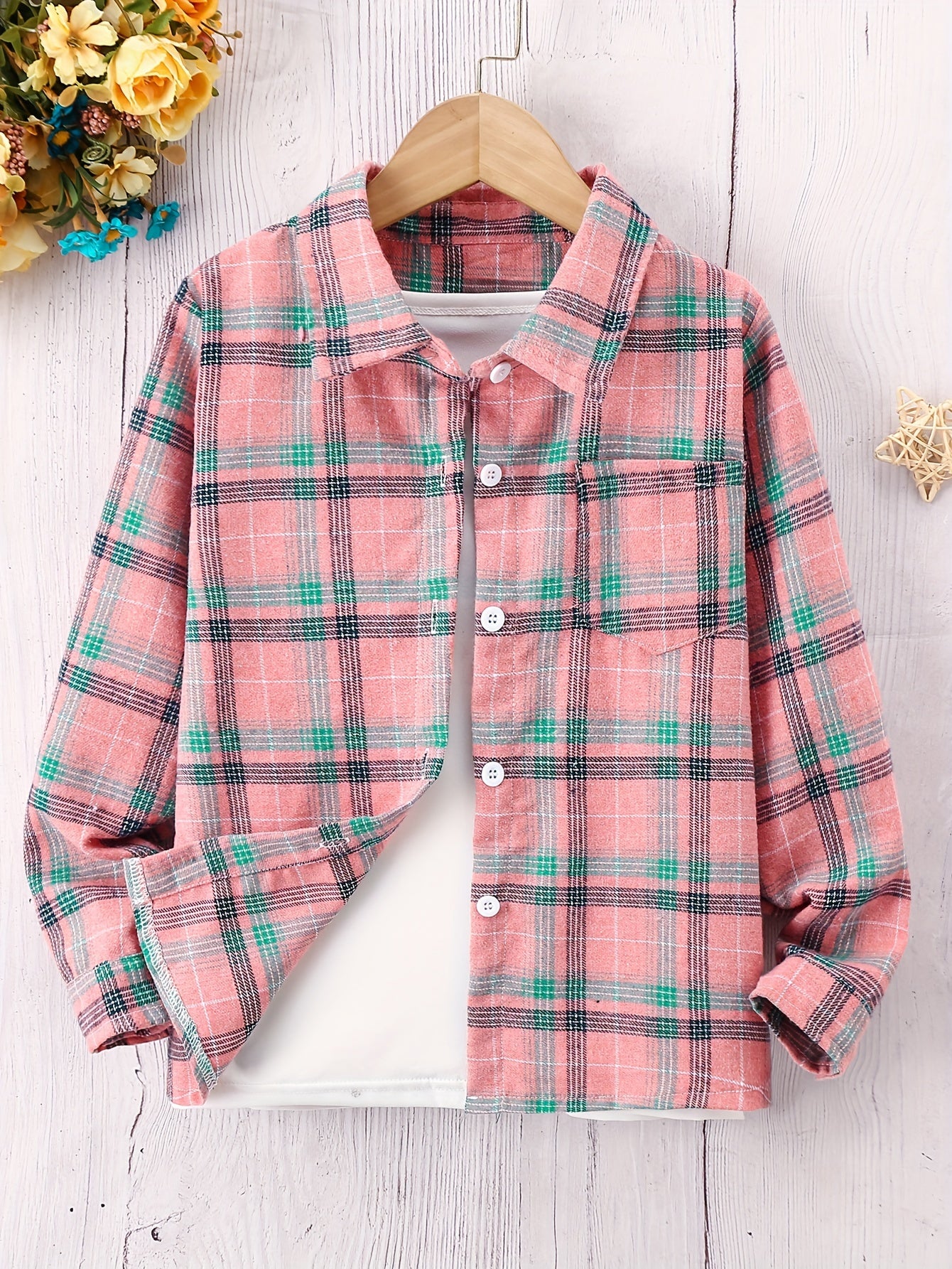 Girls Classic Plaid Shirt - Button-Front Closure, Lapel Collar, Timeless Style for Spring and Fall - Perfect Gift for Party Occasions and Everyday Wear