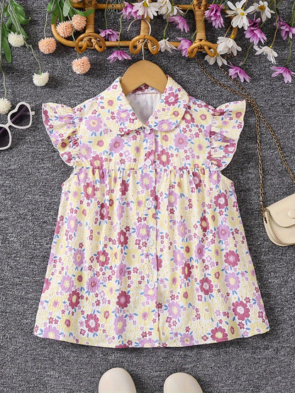 Girls' Floral Print Blouse with Ruffle Sleeves, Cute Everyday Versatile Top, Spring/Summer Fashion for Kids, Button-up Back Design