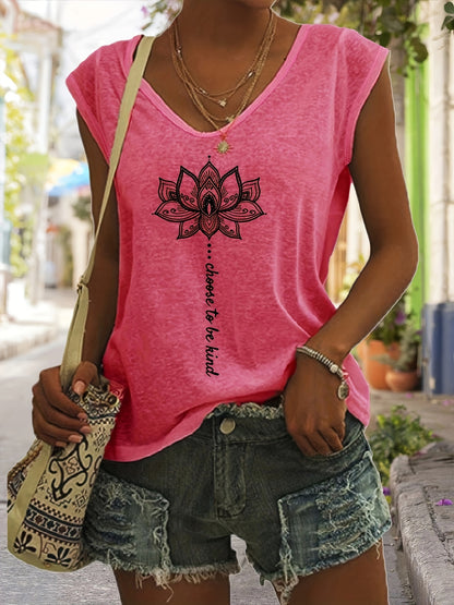 Lotus Print V Neck Tank Top, Cap Sleeve Casual Top For Summer & Spring, Women's Clothing