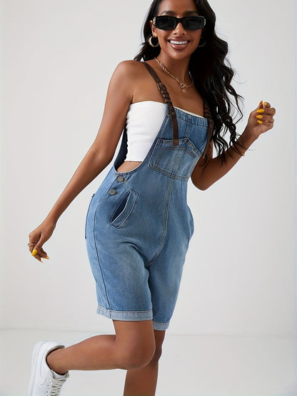 Blue Denim Jumpsuit with Bold Contrast Straps - Distressed Ripped Holes, Non-Stretch Romper - Fashionable Womens Clothing, Trendy Denim Statement