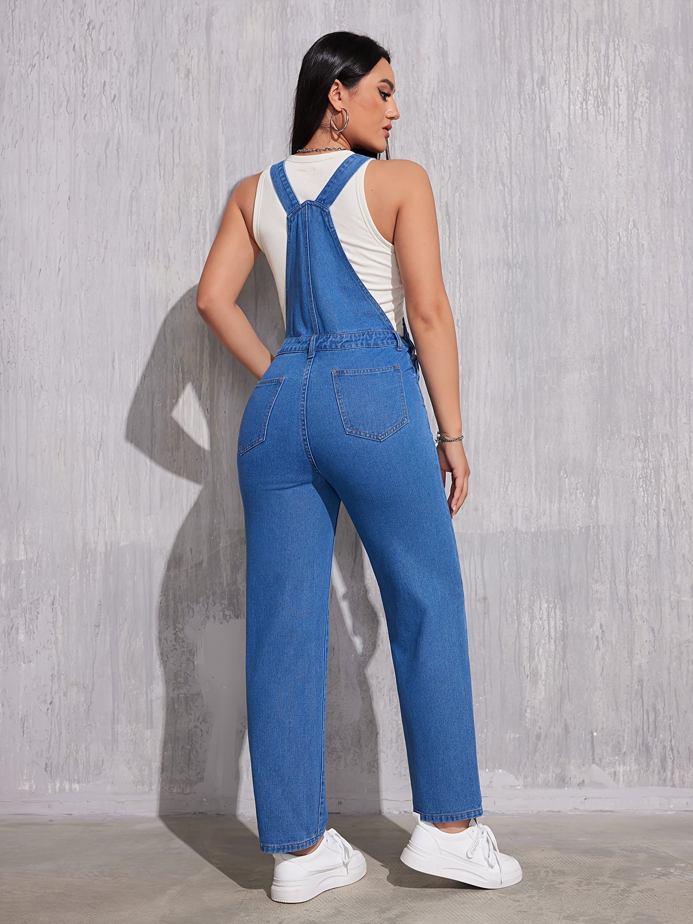 Classic Plain Washed Blue Denim Overalls, Adjustable Strap Casual Patch Pocket Straight Leg Denim Jumpsuit, Women's Denim Jeans & Clothing