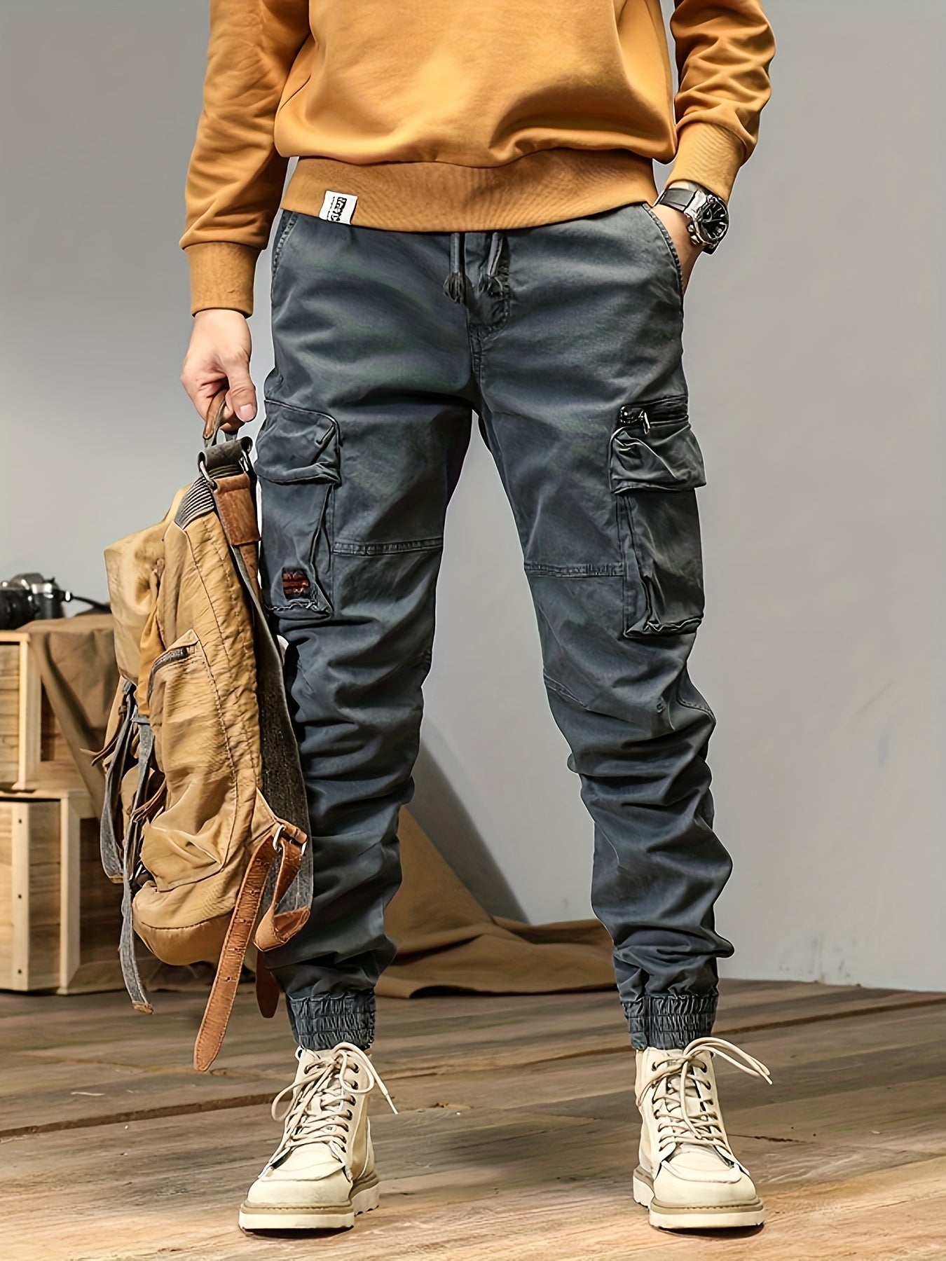 Regular Fit Solid Cotton Blend Cargo Pants - Multi Flap Pocket, Button Fly, Slight Stretch, Loose Casual Style - Ideal for Outdoor Work, Streetwear, and Hip Hop Fashion