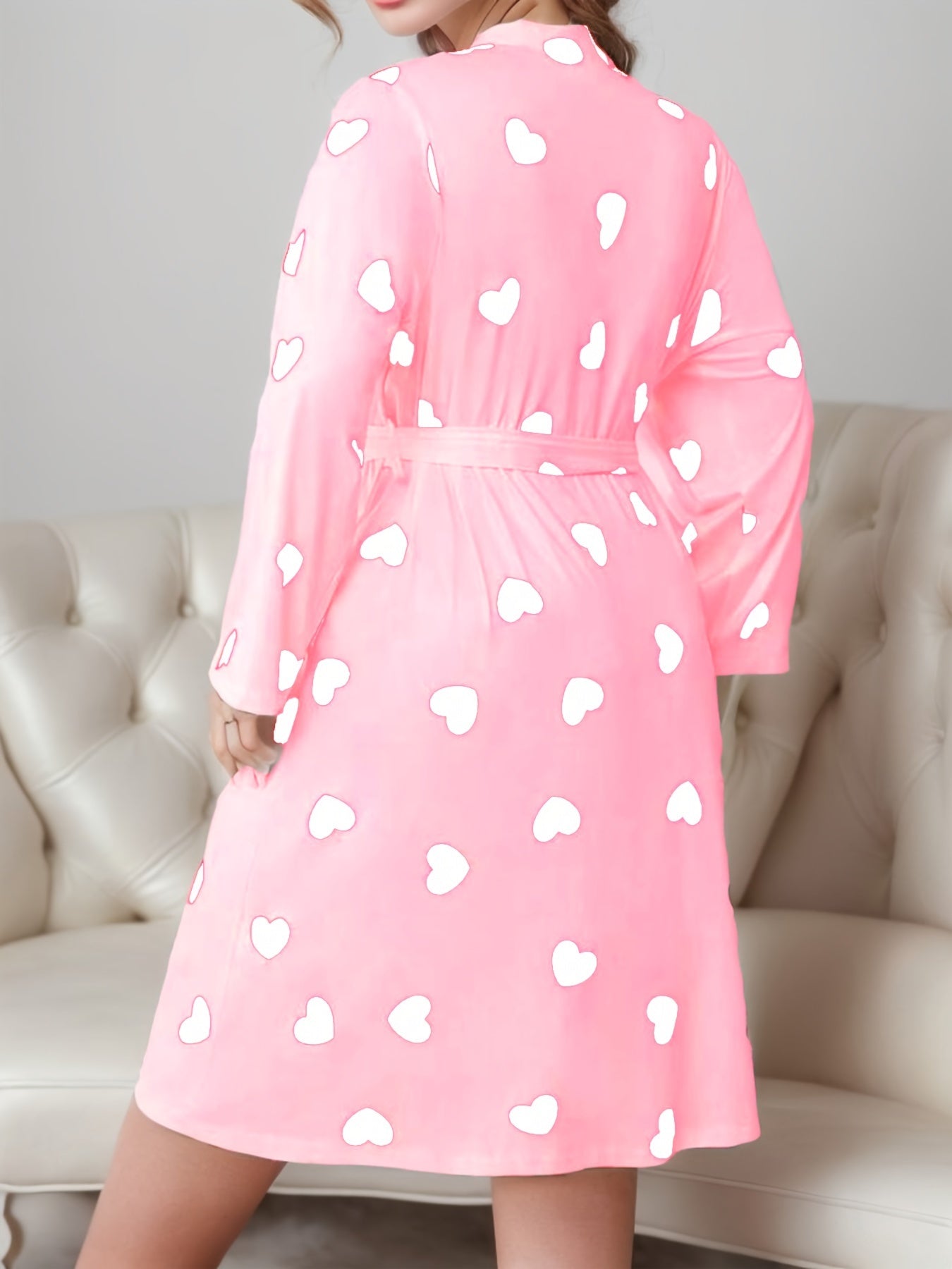 Cozy Plus Size Heart Print Long Sleeve Loungewear Robe - Women Plus - Soft, Open Front, Belted, Fall & Winter Nightgown for Relaxation