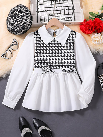 Stylish Girls' Long Sleeve Houndstooth Patchwork Blouse - Casual Fashion Top with Drawstring Tie, Relaxed Fit, and Chic Black & White Checker Pattern - Perfect for Spring and Fall Seasons