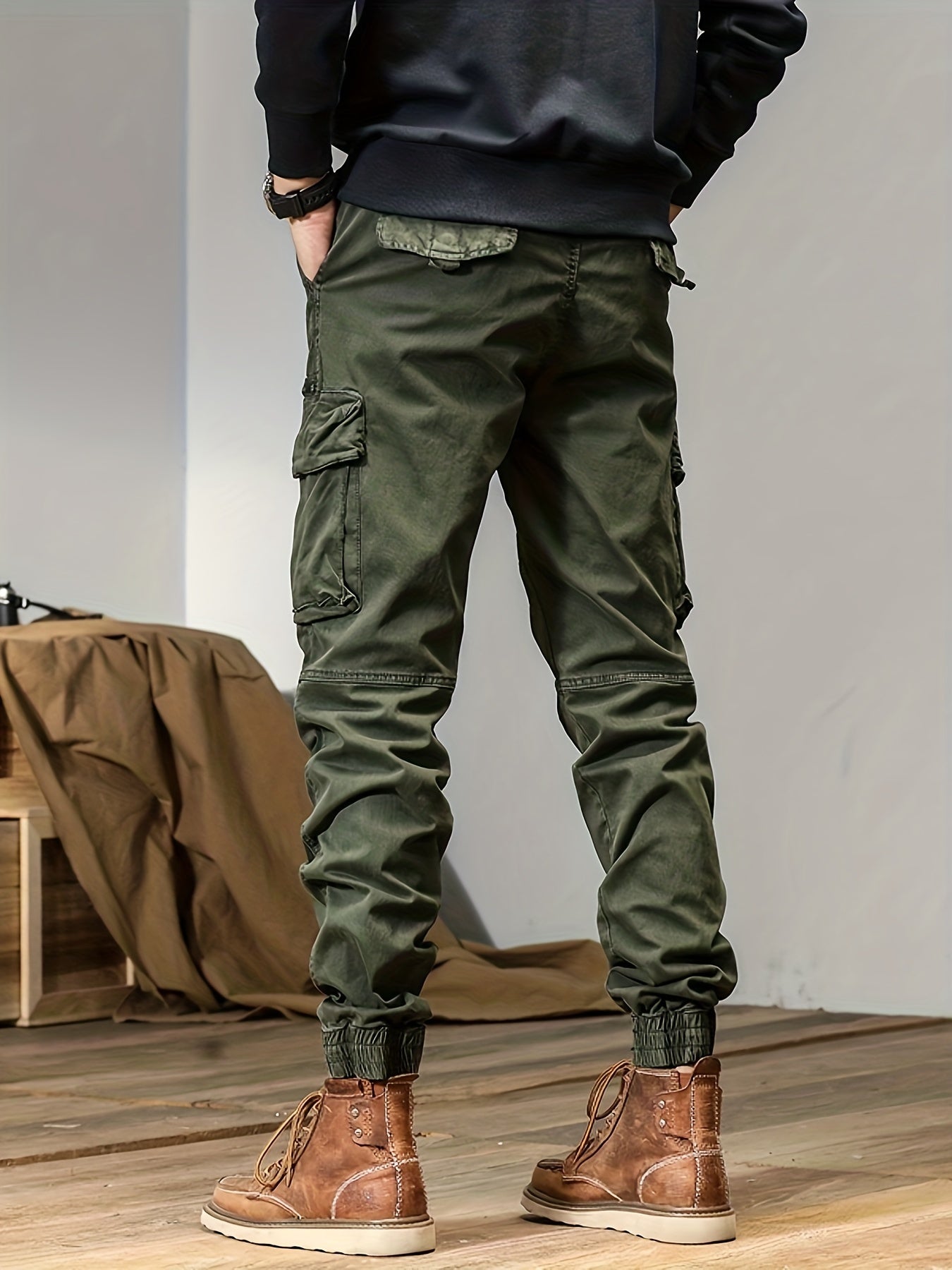 Regular Fit Solid Cotton Blend Cargo Pants - Multi Flap Pocket, Button Fly, Slight Stretch, Loose Casual Style - Ideal for Outdoor Work, Streetwear, and Hip Hop Fashion