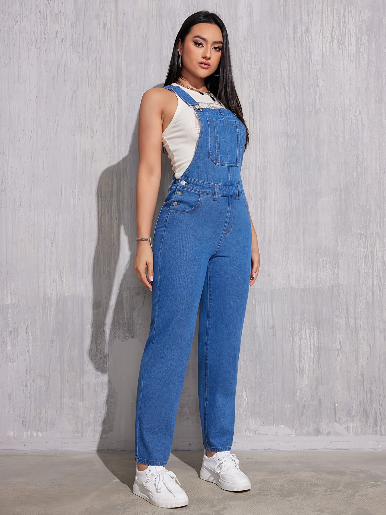 Classic Plain Washed Blue Denim Overalls, Adjustable Strap Casual Patch Pocket Straight Leg Denim Jumpsuit, Women's Denim Jeans & Clothing