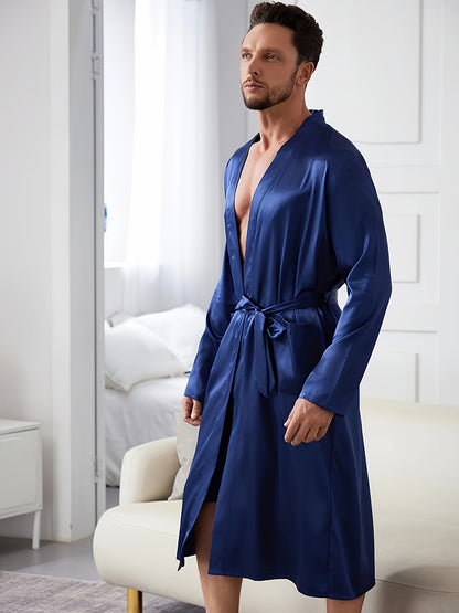 Mens Comfort V-Neck Robe Set - Soft Polyester Lounge Wear with Adjustable Waist Tie for Relaxed Fit, Ideal for Home and Bedroom Use All Year Round