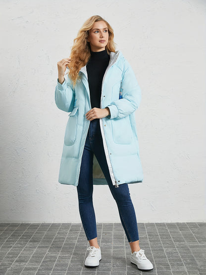 Pocket Front Hooded Warm Coat, Casual Mid Length Long Sleeve Winter Outerwear, Women's Clothing