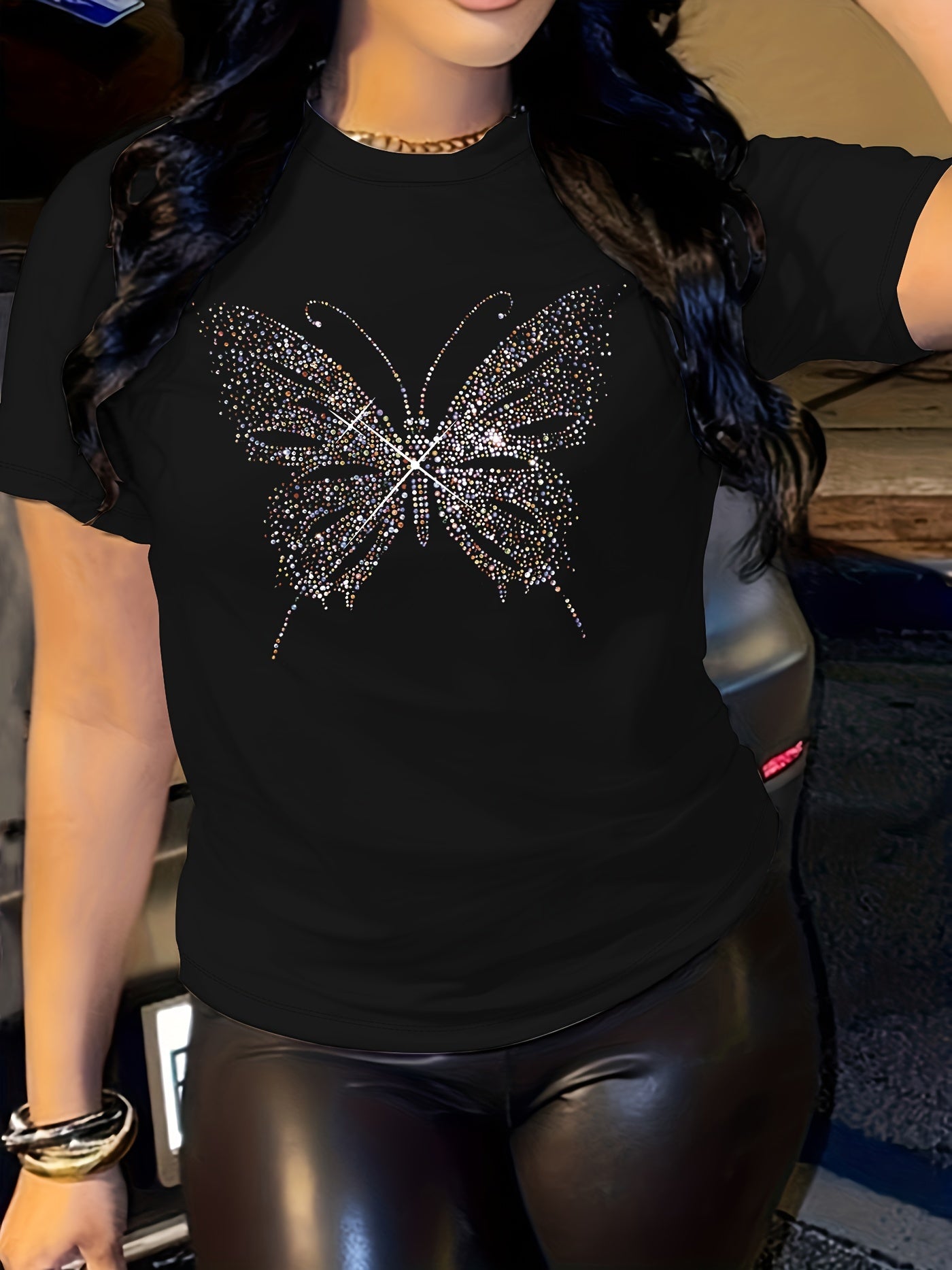 Vibrant Butterfly Graphic Print Crew Neck Short Sleeve T-Shirt - Soft Mid-Elasticity Polyester Fabric, Semi-Sheer, Regular Length, Machine Washable, Perfect for Summer and Spring - Womens Casual Wear