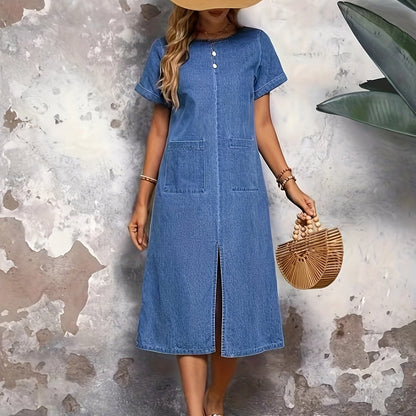 Plain Washed Blue Split Front Short Sleeve Patch Pocket Simple Elegant Midi Denim Dress, Women's Denim Jeans & Clothing