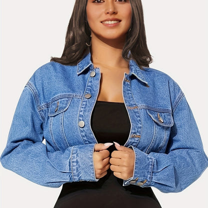 Women's Chic Collared Denim Jacket - Casual, Easy-Care, Long Sleeve, Single-Breasted Coat with Stylish Flap Design