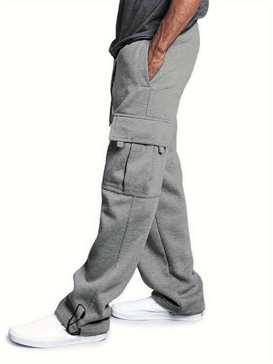 Men's Loose Fit Baggy Sweatpants With Drawstring And Flap Pockets, Solid Warm And Comfy Trousers With Fleece For Winter Outdoors Wear