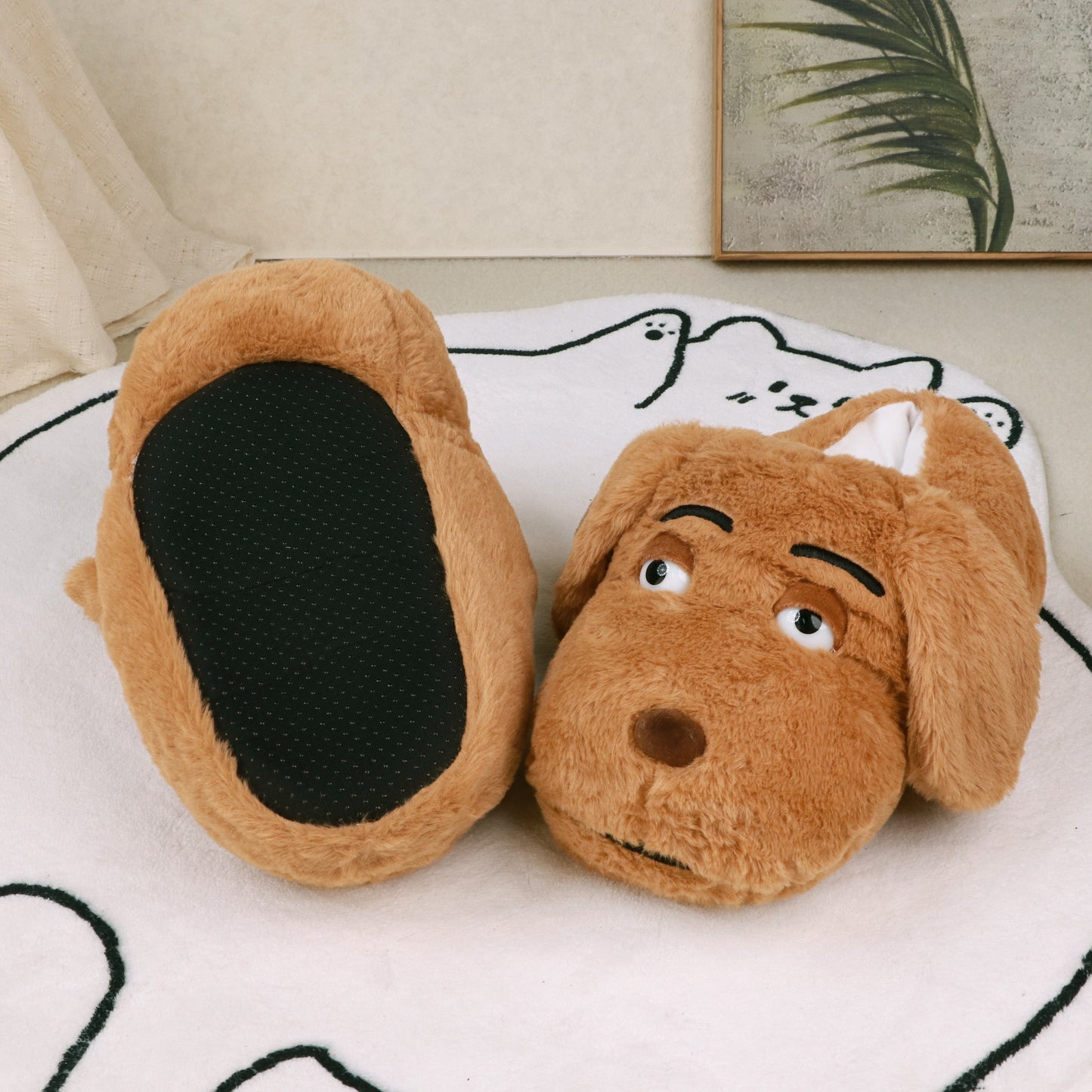 Cartoon Dog Plush Slippers 2 Pairs Set, Unisex Novelty Animal Slip-on Indoor House Shoes, Warm Fabric Lined Couples & Family Interactive Footwear, Perfect for Valentine's & Holiday Gifts